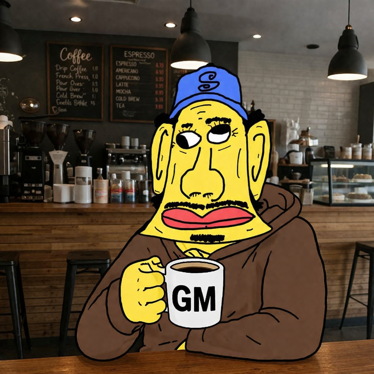 Fooly holding a GM mug