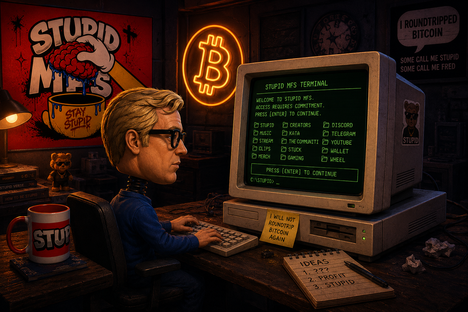 Fred sitting at a retro computer inside Stupid MFs headquarters